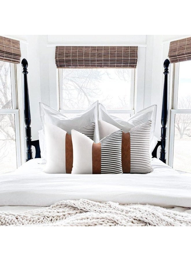 طقم من غطاءين للوسائد المزخرفة بنمط ريفي، أغطية وسائد عصرية من الجلد الصناعي، أغطية وسائد مخططة من الكتان المرقع لتزيين الأريكة والسرير - Image 4